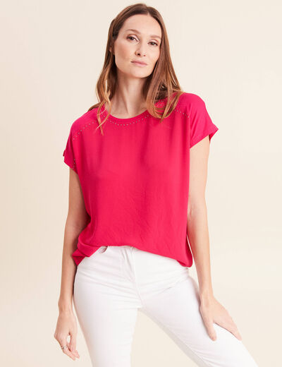 T-shirt bi-mati&egrave;re manches courtes rose fushia femme