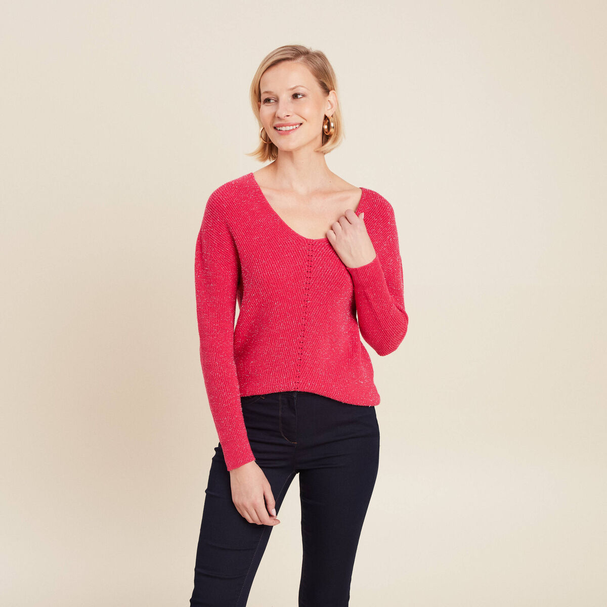 Pull manches longues rose framboise femme