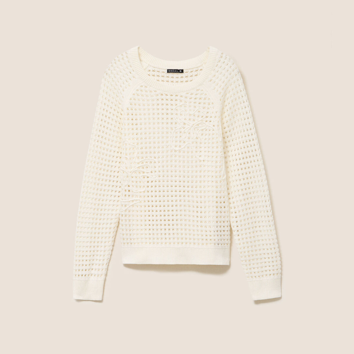 Pull col rond manches longues dentelle ecru femme
