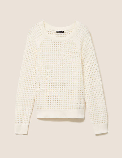 Pull col rond manches longues dentelle ecru femme