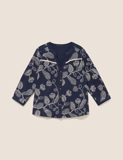 Blouse col tunisien manches 3/4 bleu femme