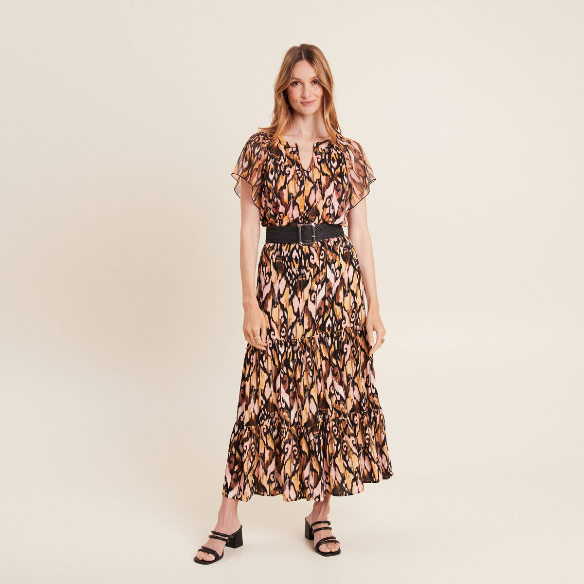 Jupe midi droite fluide noir femme