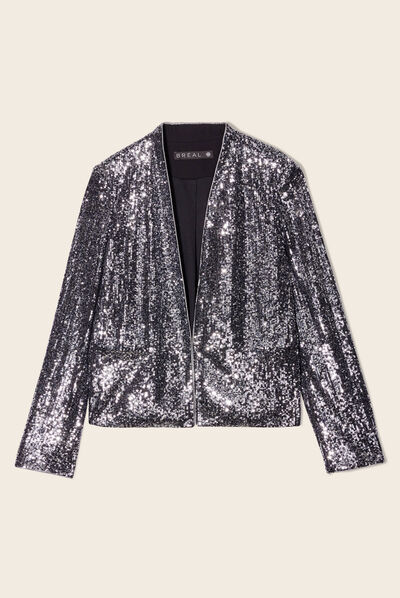 Veste col châle avec sequins gris argent femme