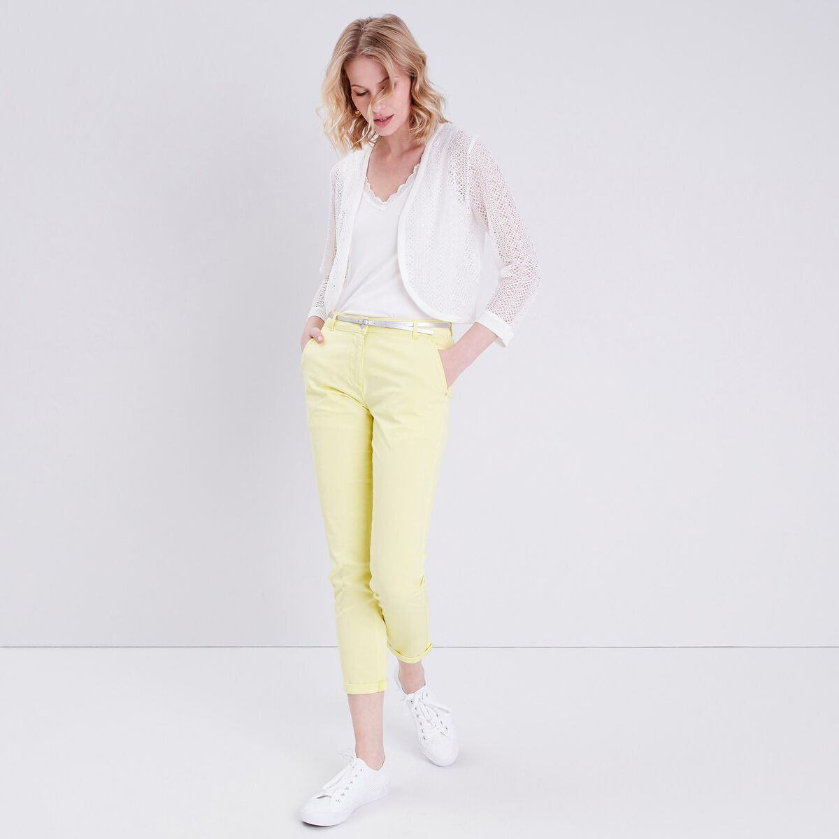 Pantalon chino droit jaune pastel femme