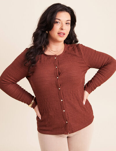 T-shirt manches longues aspect dentelle marron femme