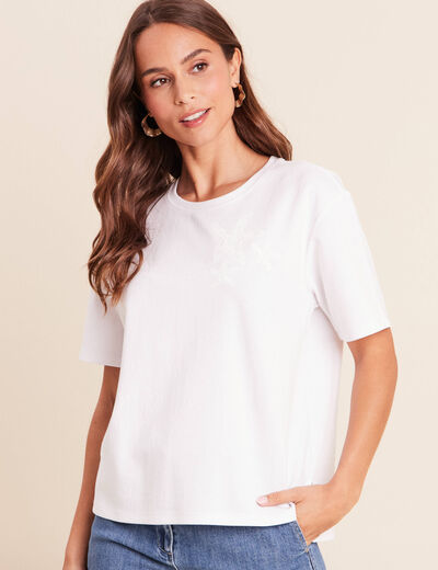 T-shirt col rond manches courtes sequins blanc femme