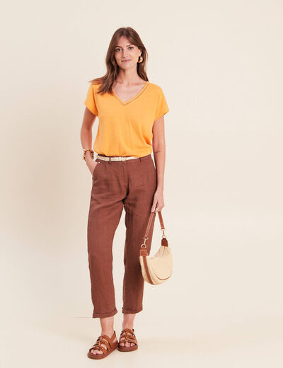Pantalon coupe chino en lin ceintur&eacute; marron fonc&eacute; femme