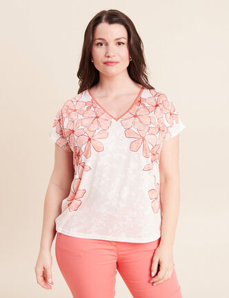 T-shirt col v manches courtes ecru femme