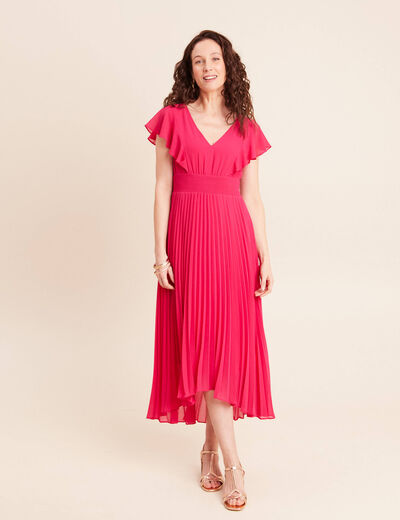 Robe longue &eacute;vas&eacute;e &agrave; volants rose fushia femme