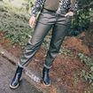 Pantalon paperbag simili cuir vert kaki femme