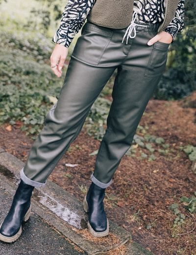 Pantalon paperbag simili cuir vert kaki femme