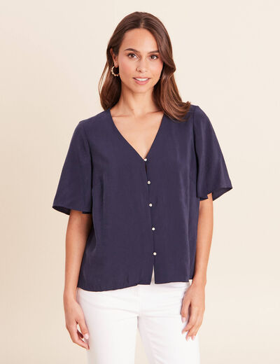 Blouse ample col v manches courtes bleu marine femme