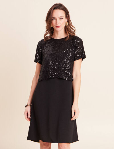 Robe courte &eacute;vas&eacute;e col rond 2 en 1 noir femme