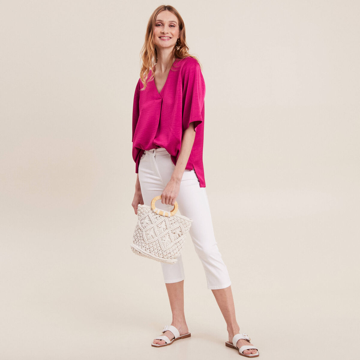Blouse manches 3/4 satin rose fushia femme