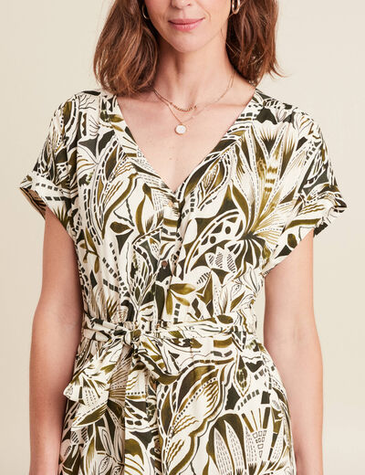 robe longue évasée col v manches courtes vert femme