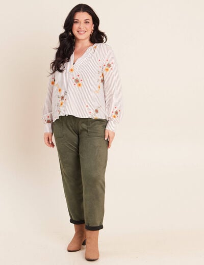 Blouse col v manches longues vert femme