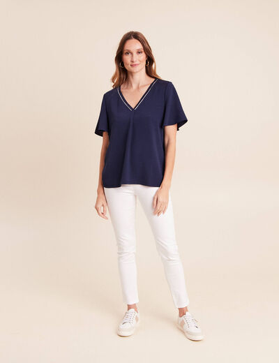 T-shirt bi-mati&egrave;re manches courtes bleu marine femme