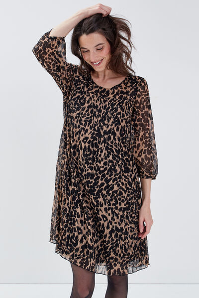 Robe droite manches 3/4 beige femme