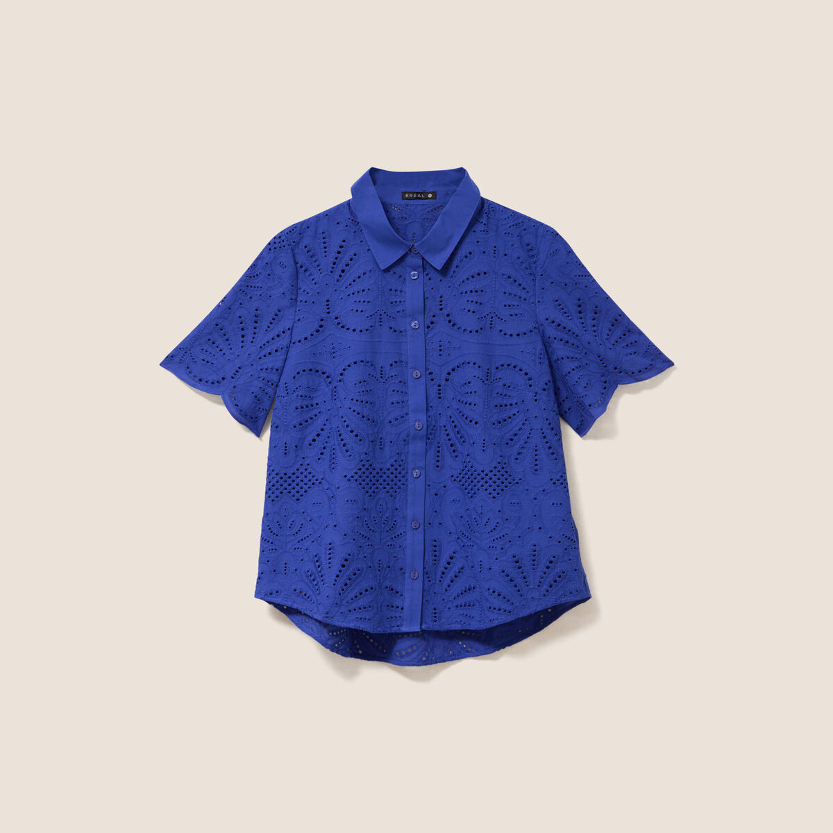 Chemise manches courtes brod&eacute;e bleu fonc&eacute; femme
