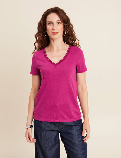 T-shirt manches courtes col en V violet femme