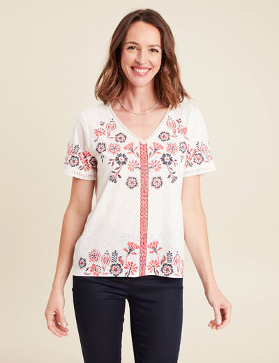t-shirt droit court manches courtes ecru femme