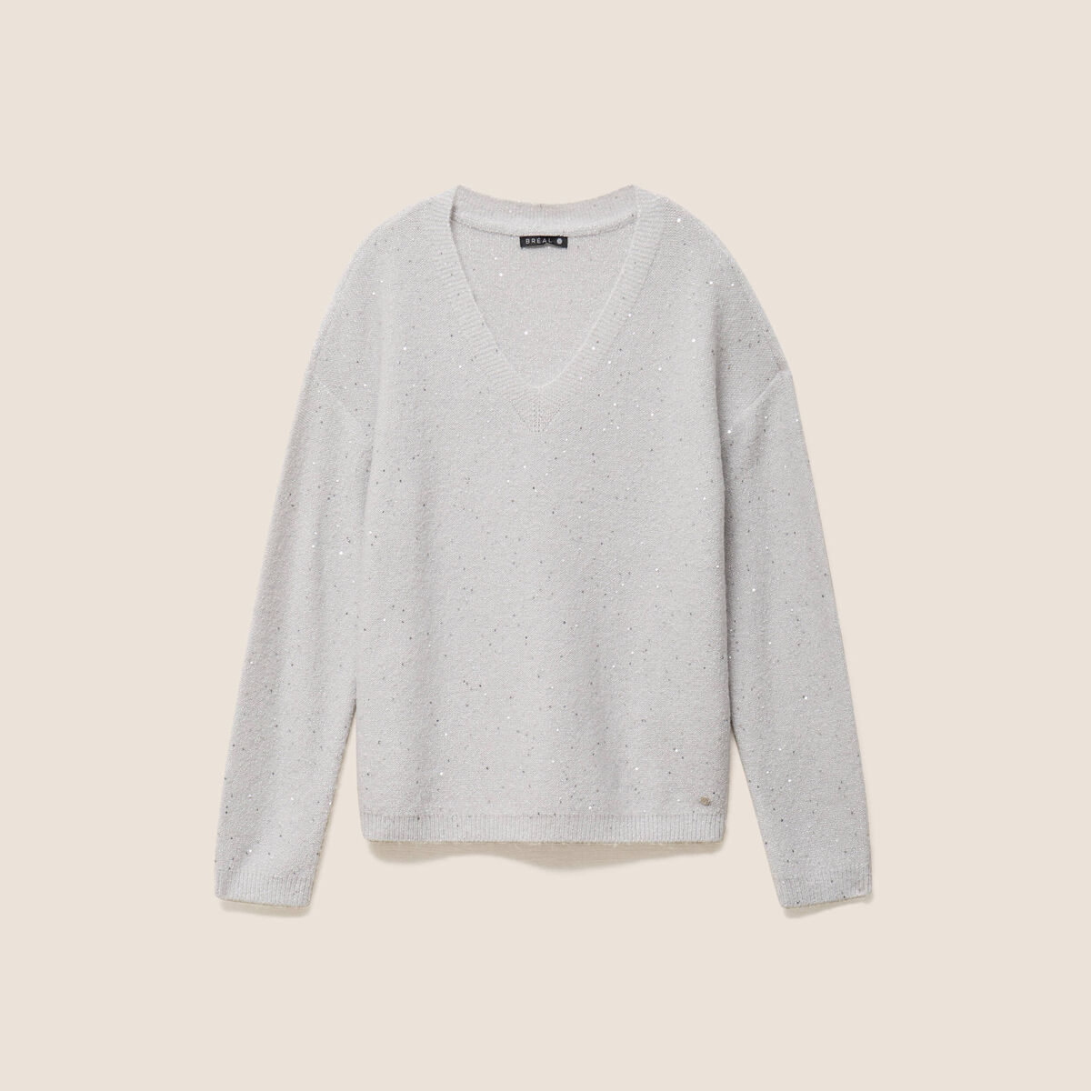 Pull col v manches longues &agrave; sequins gris clair femme