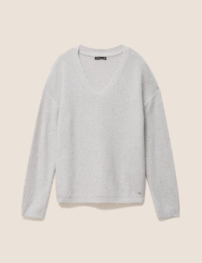 Pull col v manches longues &agrave; sequins gris clair femme