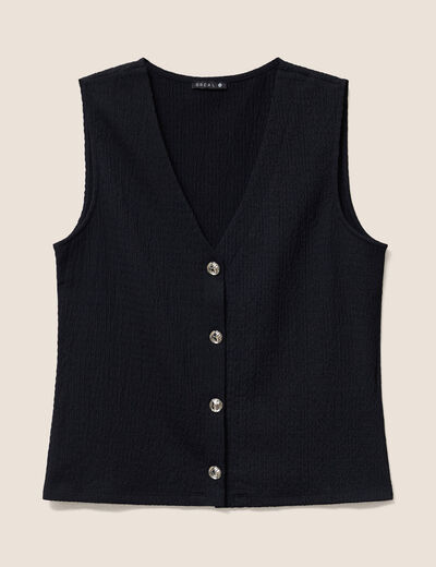 Gilet droit sans manches col v pliss&eacute; noir femme