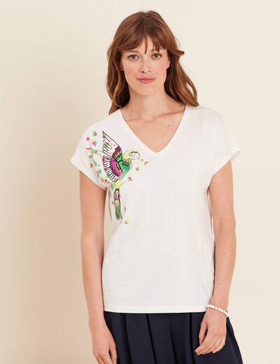 T-shirt col V manches courtes ecru femme