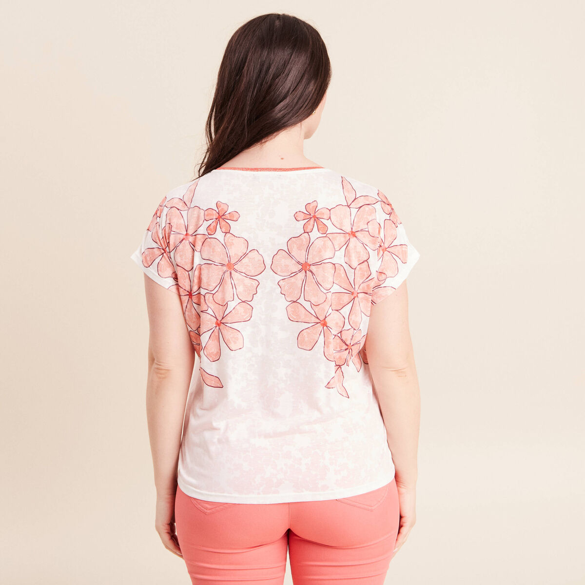 T-shirt col v manches courtes ecru femme