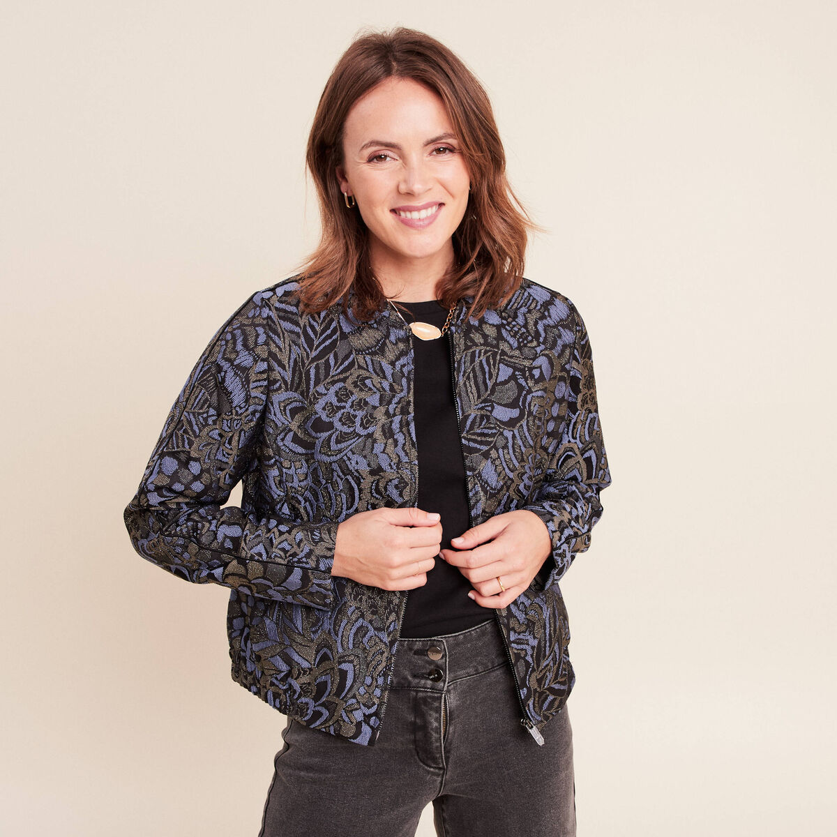 Veste bas resserr&eacute; manches longues bleu femme