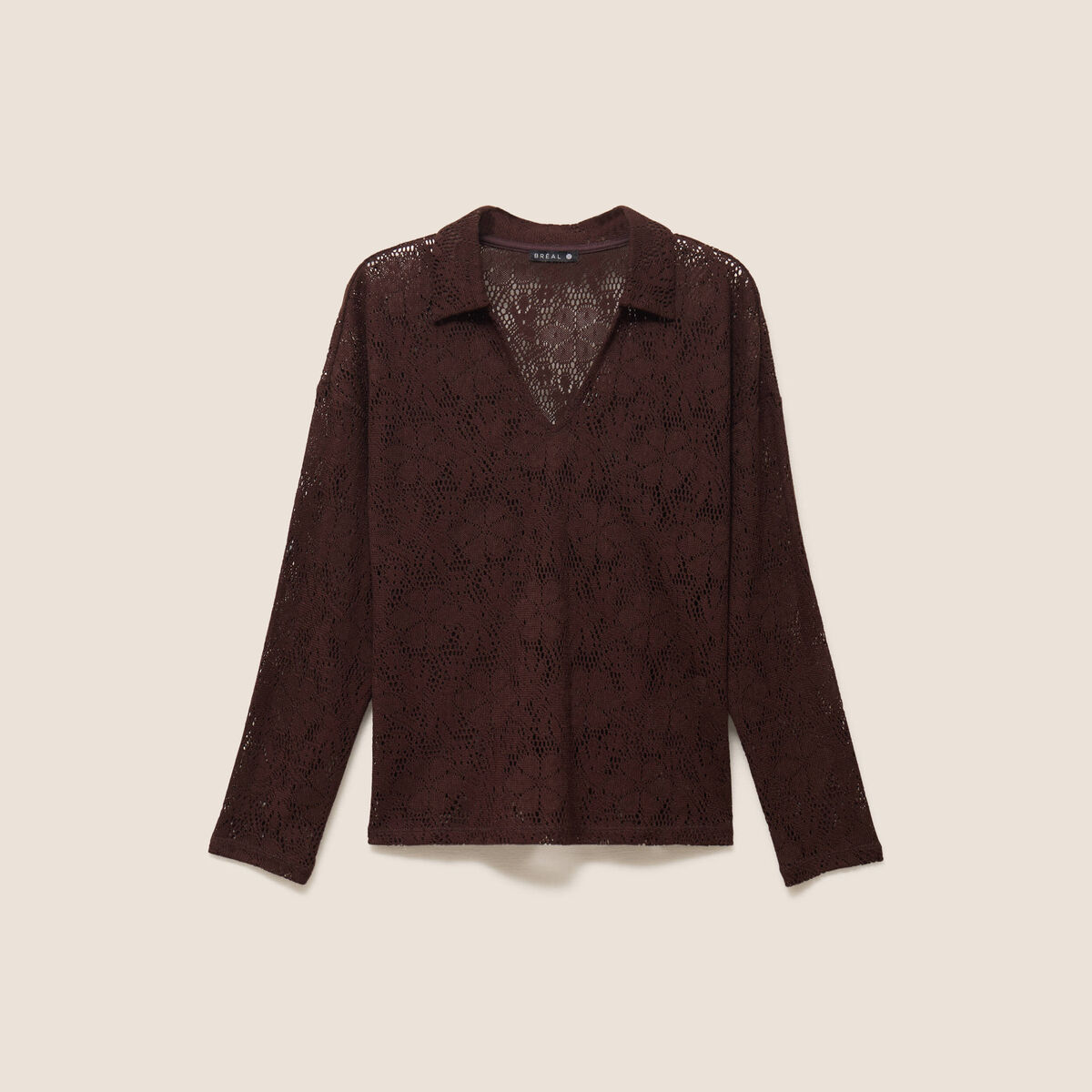 Polo manches 3/4 aspect dentelle marron fonc&eacute; femme