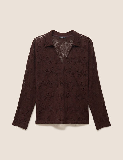 Polo manches 3/4 aspect dentelle marron fonc&eacute; femme