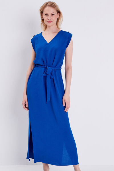 Robe longue droite ceinturée bleu electrique femme
