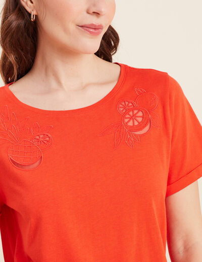 T-shirt manches courtes brodé orange foncé femme