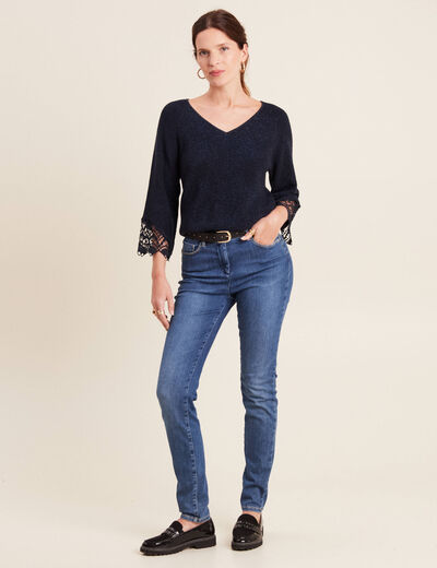 Pull manches 3/4 macramé bleu foncé femme