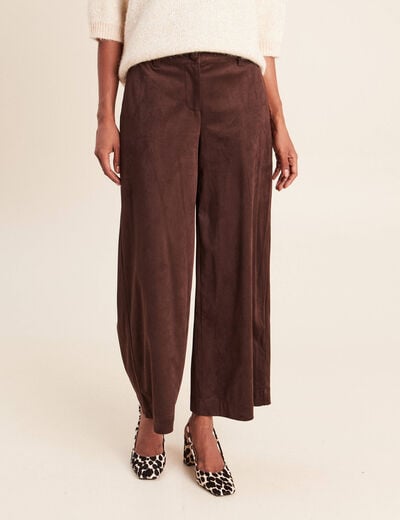 Pantalon large 7/8&egrave;me aspect daim marron fonc&eacute; femme