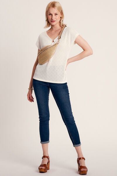 T-shirt manches courtes ajouré ecru femme