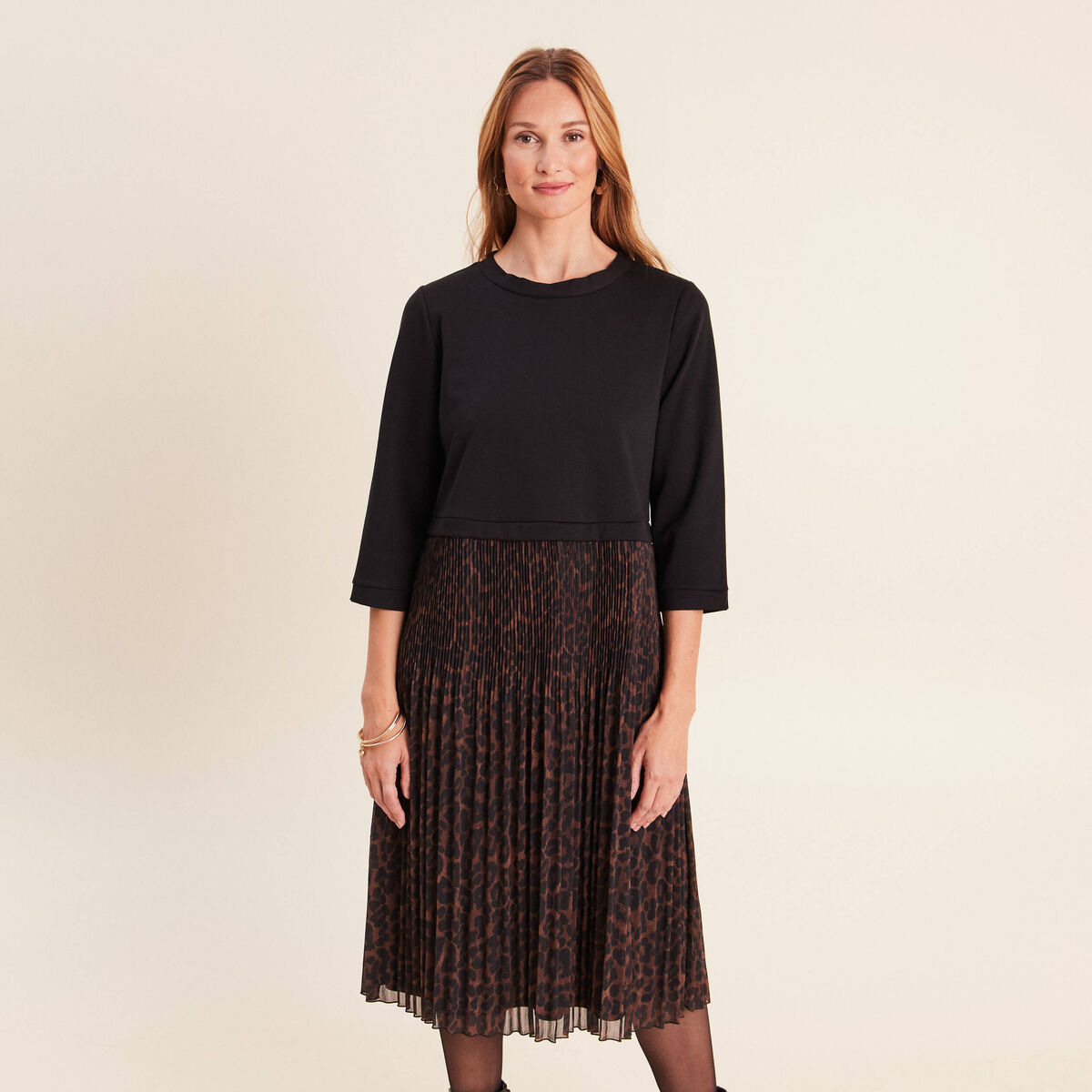 Robe bi-mati&egrave;re &eacute;vas&eacute;e col rond marron femme