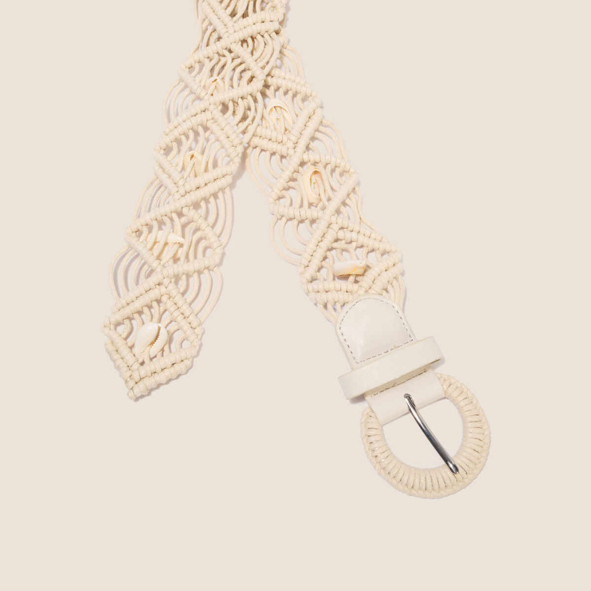 Ceinture tress&eacute;e avec coquillages ecru femme
