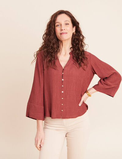 Blouse col v manches 3/4 fluide marron cognac femme