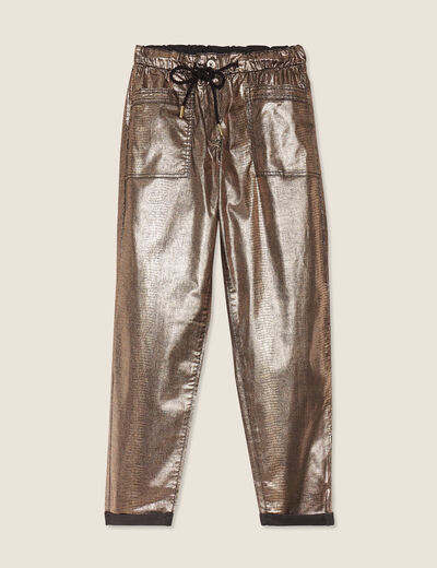 Pantalon paperbag enduit gris femme