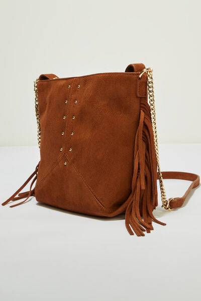 Sac seau à franges en cuir camel femme