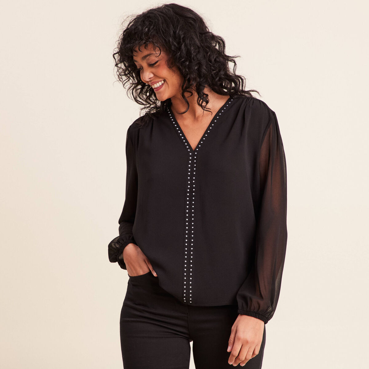 T-shirt col v manches longues noir femme