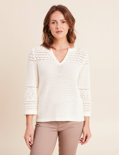 Pull col tunisien manches 3/4 ecru femme