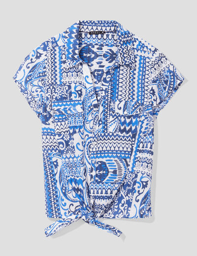Chemise manches courtes nouée bleu femme