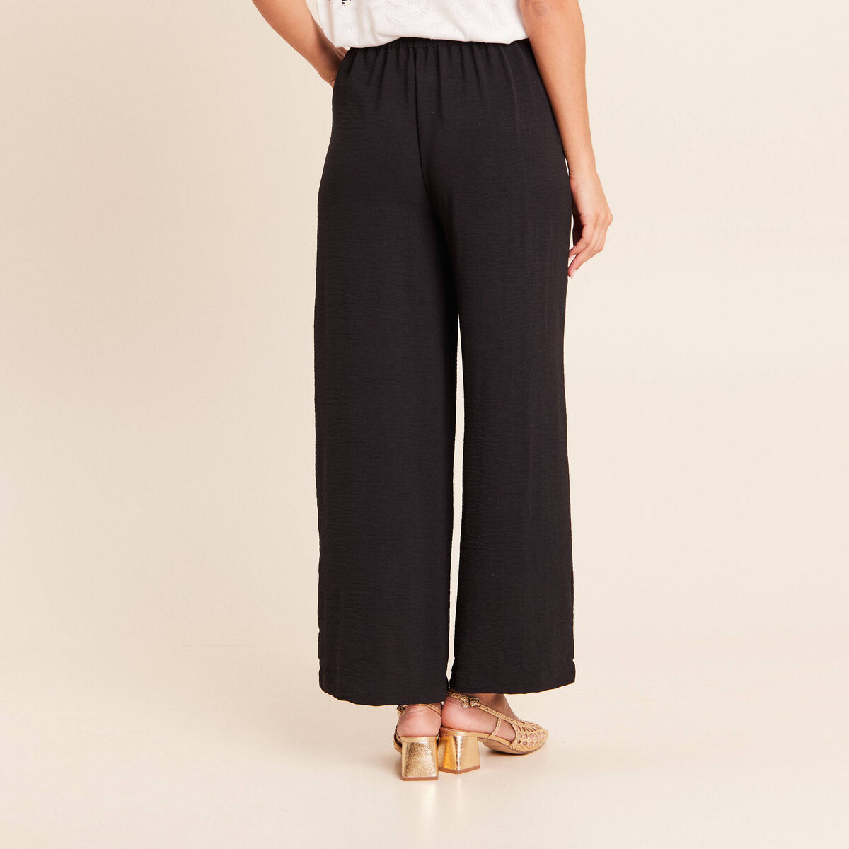 Pantalon large 7/8&egrave;me taille haute noir femme