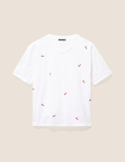 T-shirt droit brod&eacute; manches courtes ecru femme
