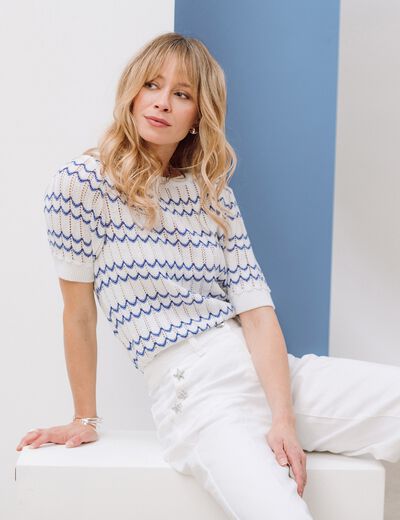 Pull col rond manches courtes bleu femme