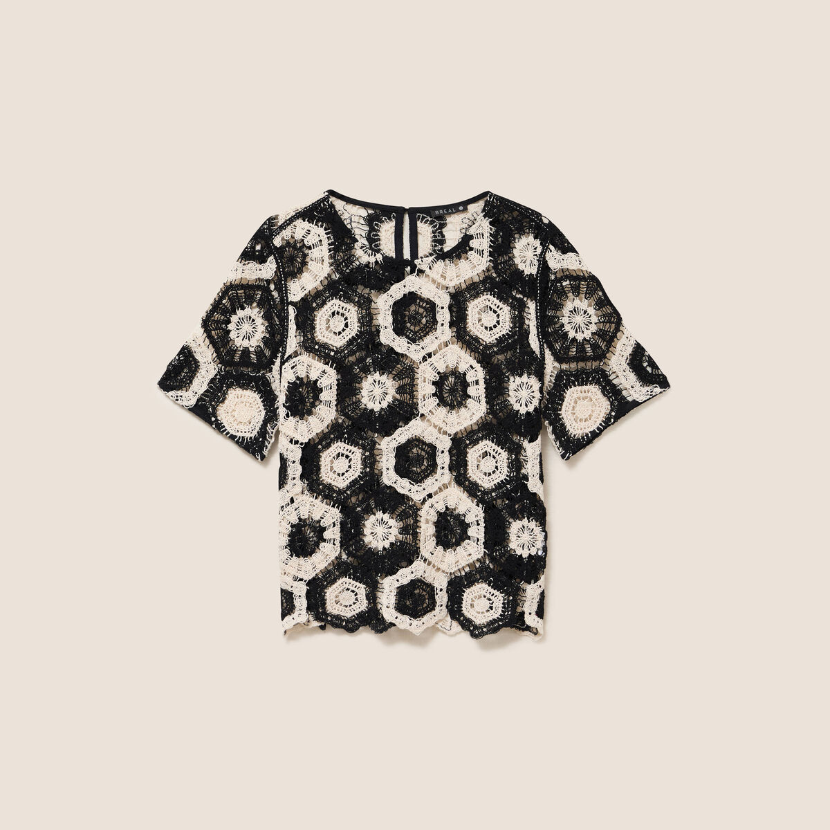 Blouse col rond manches courtes dentelle ecru femme